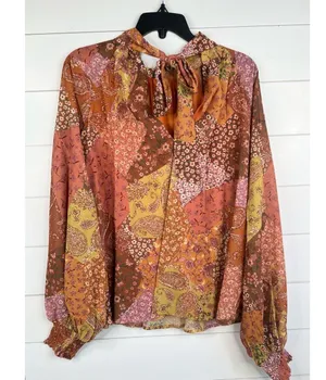 AURA Blouse Womens Size L Patchwork Tie Neck Long Sleeve Bohemian Relaxed Fit thumbnail 3