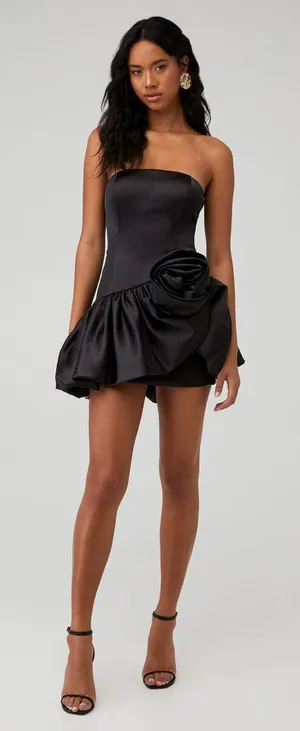 Ronny Kobo Hudsen Black 3D Rose‎ Satin Strapless Mini Dress Size Medium thumbnail 1