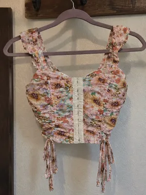 Meraki Floral Ruched Corset Style Pink Fall Crop Top Womens size XS - Small thumbnail 1