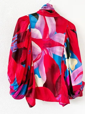 Farm Rio Watercolor Floral Blue Balloon Sleeve Tie Neck Blouse thumbnail 10