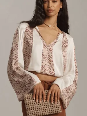 Anthropologie Silky Spliced Boho Blouse XS Brown White Bell Sleeve Crop Top thumbnail 1