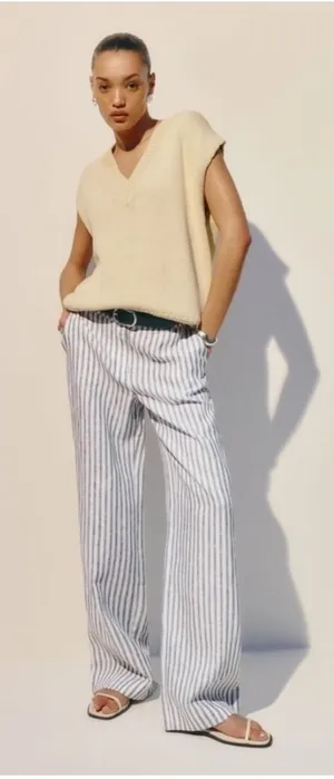 Reformation Blue White Striped Linen Wide Leg Pants Size‎ 6 thumbnail 1