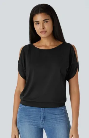 Halara L Boat Neck Black Short Sleeve Cut Out Casual Top Size L thumbnail 1