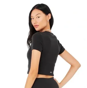 ALO Yoga Black Waffle Ribbed Short Sleeve Crop Top thumbnail 2