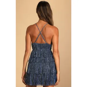 Lulus Glowing Gorgeous Blue Multi Metallic Tiered Mini‎ Dress Size Small thumbnail 13