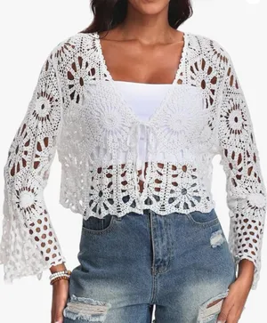 Women’s Crochet Tie Front Cardigan in White OS NWT $68R thumbnail 1