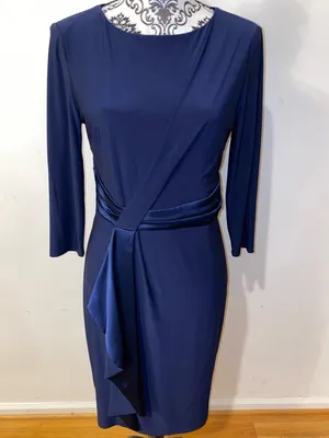 American Living Gabrielle Navy Blue Longsleeve Ruffle Satin Sheath Dress Size 6 thumbnail 2