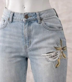 White House Black Market Light Wash Embroidered Distressed Straight Leg Jeans thumbnail 1