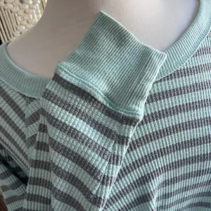 We The Free Free People Striped Mint and Gray Waffle Knit Long Sleeve Bat Wing Top thumbnail 4