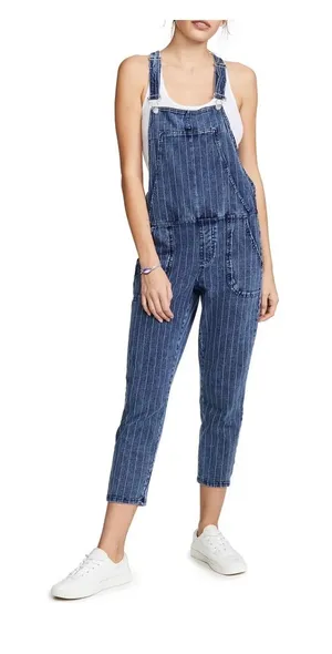 Z Supply French Terry Denim Pinstripe Bib Overalls Women's Medium Blue thumbnail 1