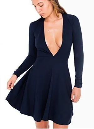 American Apparel Dark Blue Deep V-neck Long Sleeve Mini Fit & Flare Dress XS thumbnail 1