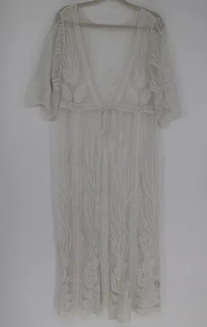 Cupshe Ivory Floral Lace Boho Kimono Maxi Swim Cover Up Long Sheer Mesh Medium thumbnail 1