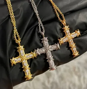Gold Crystal Cross Pendant Necklace thumbnail 1