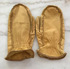 Vintage Leather Mittens Tan Brown Warm Lined Rustic Winter Gloves thumbnail 1
