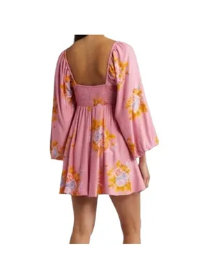 FREE PEOPLE Francesca Mini Babydoll Coqette Dress Floral Pink Puff Long sleeve L thumbnail 2