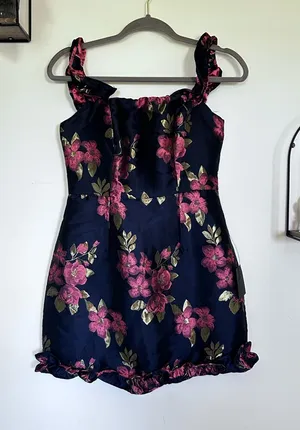 NWT Lulus Pop the Bottle Navy Blue Floral Jacquard Ruffled Mini Dress Size Small thumbnail 1
