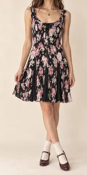 Vintage Neo Nostalgia Black Pink Floral Crinkle Mini Dress Small thumbnail 1