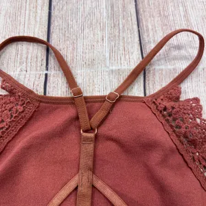 Fornia Rust Ribbed High Neck Lace Trim Cage Back Bralette Crop Top S/M thumbnail 6
