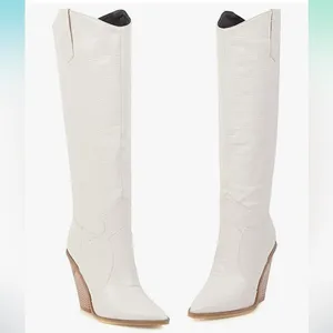 White Croc Embossed Pointed Toe Block Heel Knee High Western Boots, Size 40‎ thumbnail 2