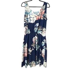 Floral Print Dress S Navy Blue Elastic Waist Stretchy Coquette Cottagecore Beach thumbnail 2