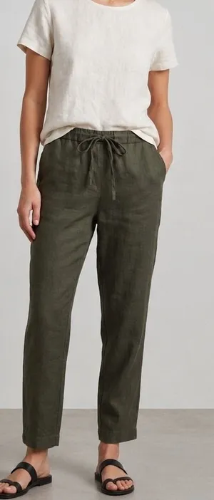 IXIMO Women's Medium Green 100% Linen Tapered Drawstring Pants Lagenlook Coastal thumbnail 1