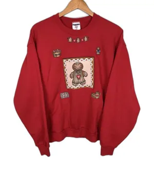 Women's Red Jerzees Gingerbread Man Crewneck Sweatshirt Size L thumbnail 1