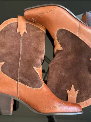 Two-Tone Brown Leather & Suede Western Heeled Boots thumbnail 1