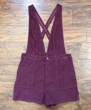 American Eagle • burgundy corduroy overall shorts romper shortalls maroon romper thumbnail 3