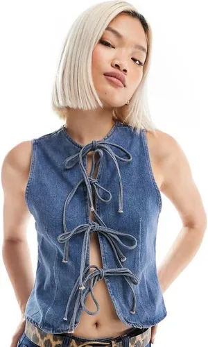 ASOS Design Tie Front Denim Top in Mid Blue thumbnail 1