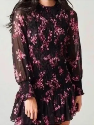 Misa Los Angeles Black Floral Long Sleeve Smocked Mini Dress with Pink Blossoms thumbnail 1