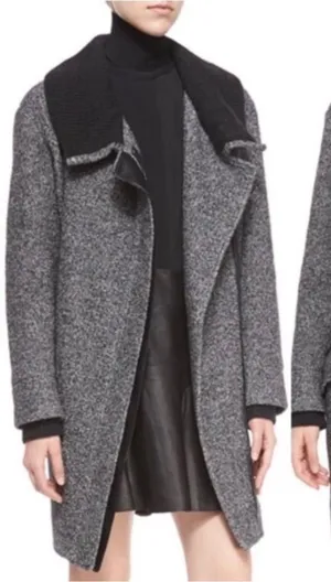 Vince Shawl Collar Asymmetrical Zip Wool Blend Lambskin‎ Trim Tweed Ines Coat XS thumbnail 1
