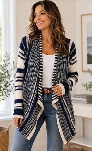 Lucky Brand Women’s M Navy Cream Striped Waterfall Cardigan Open Front Sweater thumbnail 1