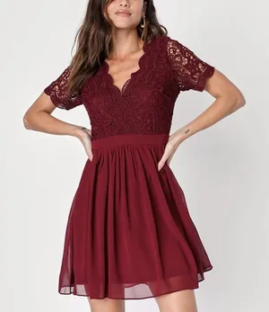 Lulus Angel in Disguise Burgundy Lace Chiffon Flare Skater Dress SMALL‎ thumbnail 1