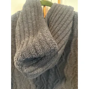 Barefoot Dreams CozyChic Cable Knit Hoodie Sweater Charcoal Gray Womens M flaw thumbnail 7