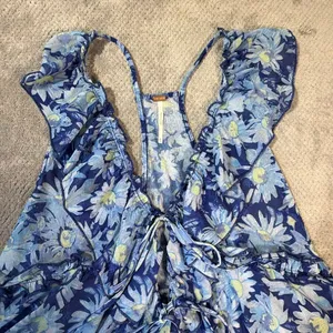 Free People Fearless Tank Blouse Blue Floral Ruffle Tie Front Sheer Peplum Med # thumbnail 4