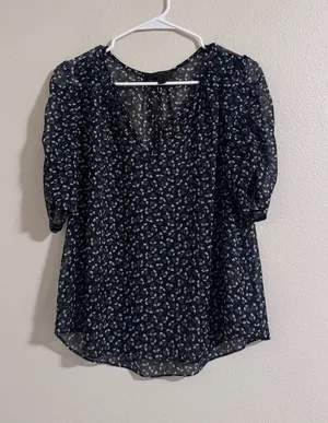 J. Crew Navy Floral V-Neck Puff Sleeve Blouse thumbnail 1