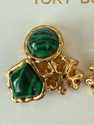 Tory Burch | Gold Plated Earrings with Green Malachite-Style Stones | Small/Med thumbnail 3