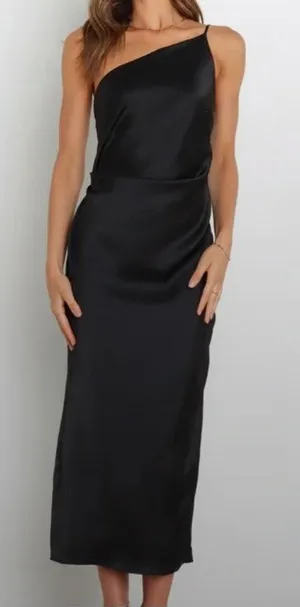 Petal & Pup Satin Asymmetrical One Shoulder Cocktail Maxi Dress Black 2 thumbnail 1