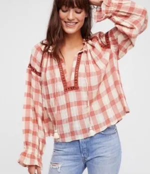 Free People Honey Grove Plaid Top Pink thumbnail 2