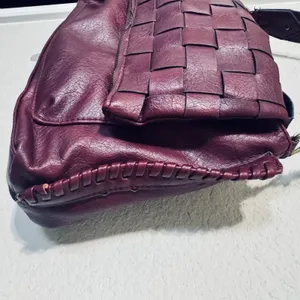 Burgundy Vegan‎ Leather shoulder bag woven flap purse slouchy hobo whipstitch thumbnail 3