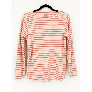 L.L. Bean Striped Tee Womens L Orange White Supima Cotton Long Sleeve Coastal thumbnail 2