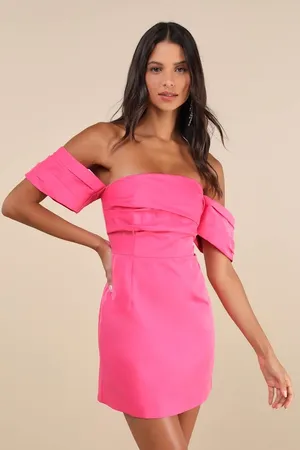 NWT Lulus Totally Haute Hot Pink Satin Pleated Off-the-Shoulder Mini Dress Sz M thumbnail 1