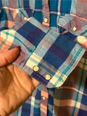 American Eagle Plaid Flannel Snap Button Front Shirt Blue Pink Women's Small thumbnail 7