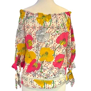 Trina Turk Katy Poppy Floral Off The Shoulder Silk Top Multicolor Medium thumbnail 2