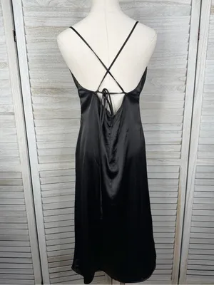 FOREVER 21 Black Satin Drape Neck Slip Dress Strappy Back & Side Slit-Large thumbnail 3