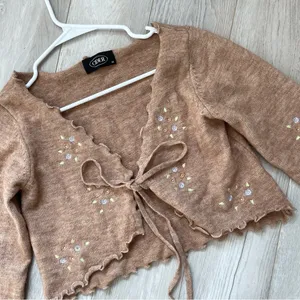 Cider Embroidered Cardigan Sweater Brown medium floral open tie front coquette thumbnail 5