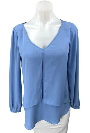 White House Black Market Blue Long Sleeve V-Neck Layered Front Blouse Top Size 2 thumbnail 1