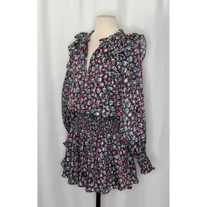 RAMY BROOK Silk Penelope Dress Roco Floral Mini Ruffled Smocked Purple Teal XS thumbnail 6