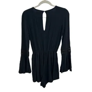 Hollister Black Long‎ Sleeve Romper V-Neck Crochet Trim Bell Sleeves Size S Boho thumbnail 2