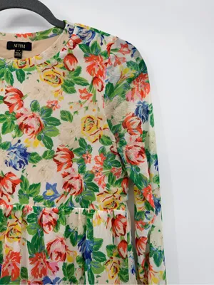 AFRM Floral Mesh Tiered Mini Dress‎ Small Long Sleeve Babydoll Multicolor thumbnail 6
